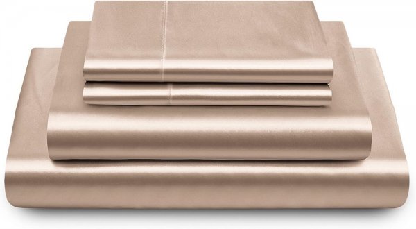 Satin Sheets Queen Silky Soft Satin Bed Sheets Amber Beige Satin Sheet Set, 1 Deep Pocket Fitted Sheet + 1 Flat Sheet + 2 Pillowcases