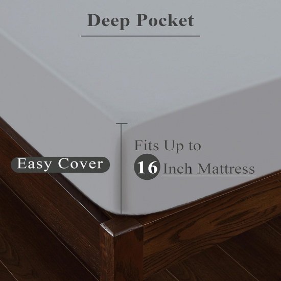 2-Pack Pure Cotton Fitted Sheet Twin Size, 600 Thread Count 16" Deep Pocket Egyptian Cotton Fitted Sheet (2pcs, Twin, Gray)