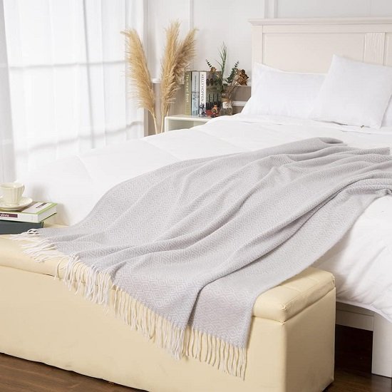 Decorative Diamond Lattice Faux Cashmere Throw Blanket Light Grey Fringe Lightweight Fuzzy Soft Cozy Throws for Sofa Bed Farmhouse Throw Blanket 50" x 60"