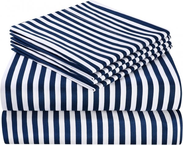 6 Piece Printed King Size Bed Sheets, Extra Soft Brushed Microfiber 1800 Bedding Pattern Sheets, Deep Pocket, Wrinkle & Fade Free, Navy Pinstripe